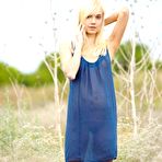 First pic of Sexy blonde Aljena A loses off dress and shows small boobs and shaved pussy in the meadow