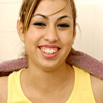 First pic of Wet tight latina hottie Jackie Diaz showers her hairless pussy in the bedroom