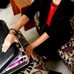 First pic of Sultry brunette Lucy Dutch strips her fishnet stockings and dildos her hairy cunt