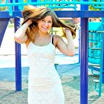 First pic of Playful teen Teddi Rae teases with naked downblouse and stretched pussy up skirt in public