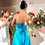 First pic of Celine Noiret, Tatiana Milovani and Michaela Marti swim in the pool in their long satin dresses