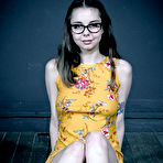 Fourth pic of SexPreviews - Shae Celestine in tight yellow dress is bound in wood and metal her pussy toyed