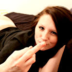 Third pic of Playful doll Freckles is stripping and pressing big melons and rubbing the panty cunt