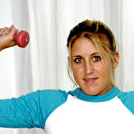 First pic of Sporty chick Jules Van Saint with tiny ass and bald pussy removes her pink panties