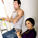 First pic of Muscled guy in jeans gets seduced by busty Dylan Ryder and fucks her bald pussy with desire