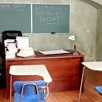 Second pic of The charming dark haired doll Madelyn Monroe fucked in mouth and cunt on the college desk