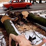 First pic of Completely nude slender asian Annie Ling exposes her slit outdoors in public place