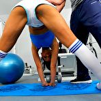 Third pic of Tight Big Titted Sports Girl Angel Dark In Blue And White Uniform Gets Slammed At The Gym / DefineBabe.com