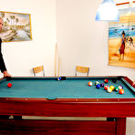 First pic of Gina Killmer fucks shaved pierced pussy of obedient lady with her tit on a pool table