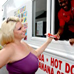 First pic of Chubby blonde Tiffany Blake plays with her huge oiled tits and rides black cock