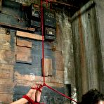 Second pic of Black slave Stacey Cash hangs from the ceiling as white master punishes her pussy with a dildo