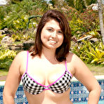 First pic of Naughty Mag - Kalie Cruise - Thick brunette Kalie uses a thick flesh-colored dildo in her tight cunt poolside.