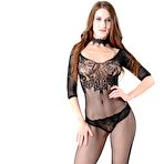 First pic of Solo model Mikki works free of a crotchless bodystocking in heels | NakedWomenPhotos.net