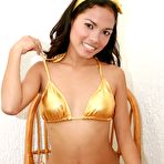 Second pic of Sexy Asian girl in gold bikini posing nude and spreading to show her love holes