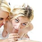 Second pic of Blonde female Aaliyah Love helping teen girl Marsha May to suck huge cock