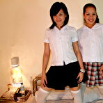 First pic of Young Asian schoolgirls do a threesome with a small cock in OTK nylons