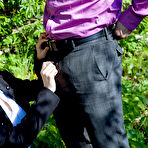 First pic of Amateur coed Stefany dripping cum from mouth in woods after riding cock