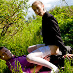 Second pic of Amateur coed Stefany dripping cum from mouth in woods after riding cock