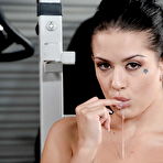 Fourth pic of Tattooed brunette Katrina Jade is sucking and licking his dick