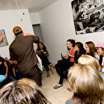 First pic of Clothed blondes and brunettes do blowjob to a stripper on a party