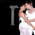 Second pic of Pantyhose clad ballet dancer Bijou gives the leading man a blowjob on stage