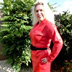 First pic of Mature blonde Barby touches her hairless pussy after disrobing in nylons