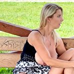 Third pic of Big titted blonde Katerina Hartlova masturbates on a public bench in heels