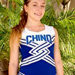 First pic of Teen cheerleader Aurielee Summers finger spreads her pink twat while disrobing