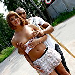 Fourth pic of Twatty girl with tiny tits gets picked up by horny guys outdoor