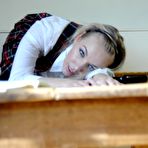 Fourth pic of Blonde coed Hayley Marie Coppin exposes her cotton underwear in a classroom