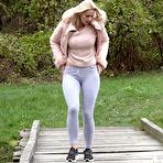 First pic of Blonde Katy Sky shows her bald beaver while squatting outside for a pee