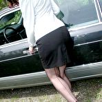 First pic of Horny female Dirty Angie fingers her pussy in retro style lingerie inside car