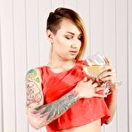 First pic of Babe with tattoos Catherine Sand spreads pussy and pisses right on her belly