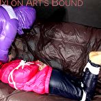 Second pic of Shinynylonartsbound | SEXY SANDRA being tied and gagged and hooded from Sexy Stella both wearing sexy shiny nylon rainwear and downwear (Pics)